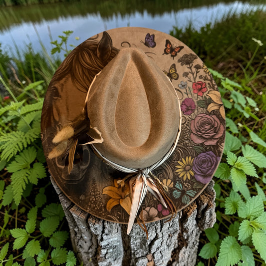 Rustic Muse Wide Brim Hat – Western Boho Horse & Floral Vegan Suede Hat