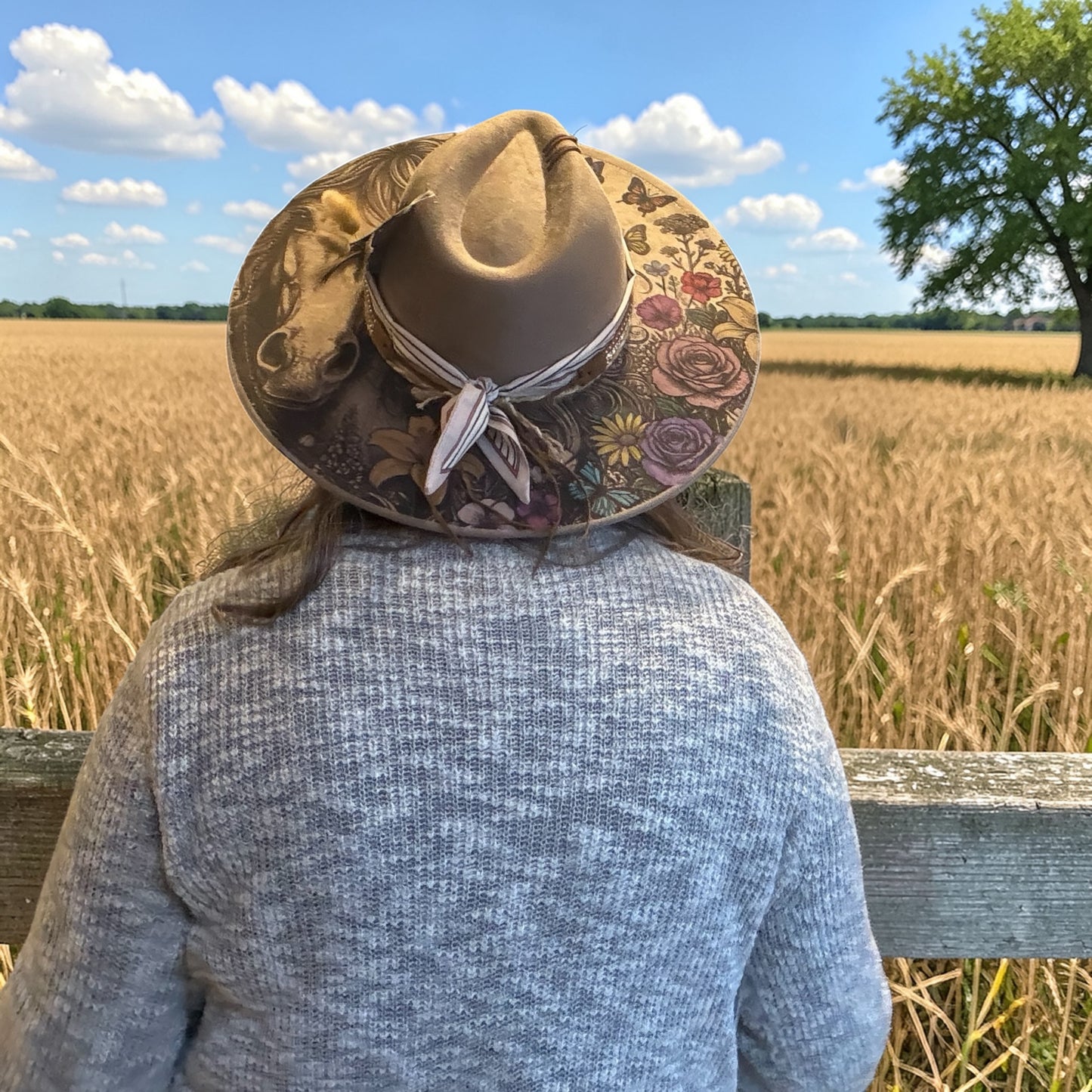 Rustic Muse Wide Brim Hat – Western Boho Horse & Floral Vegan Suede Hat
