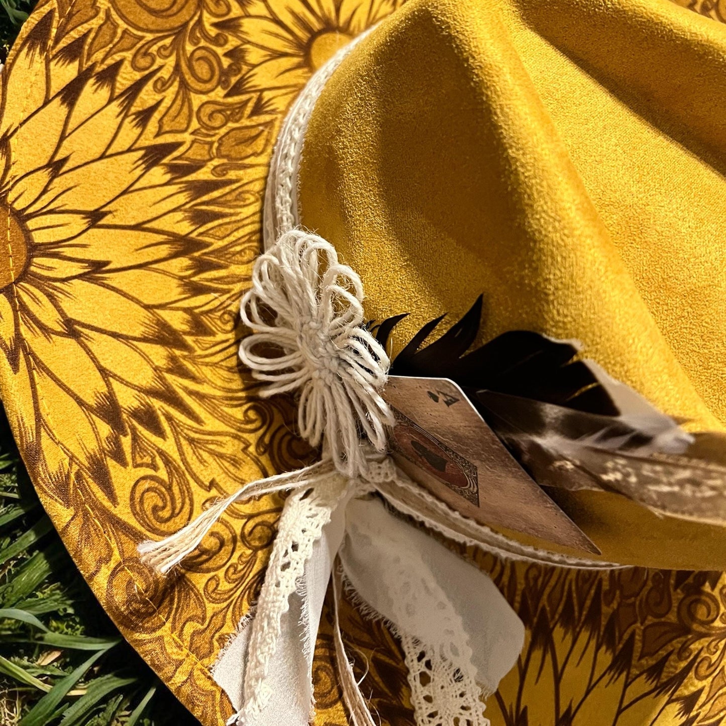 Golden Sunflower Wide Brim Hat - Laser Engraved Sunflower Vegan Suede Boho Western Hat
