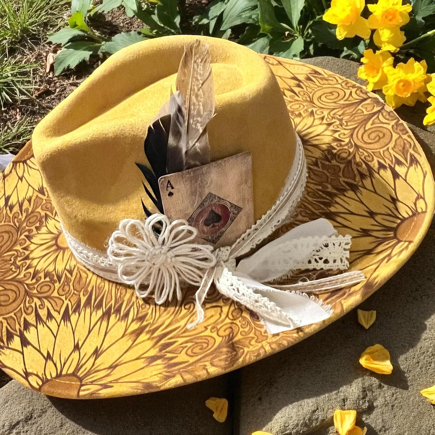 Golden Sunflower Wide Brim Hat - Laser Engraved Sunflower Vegan Suede Boho Western Hat
