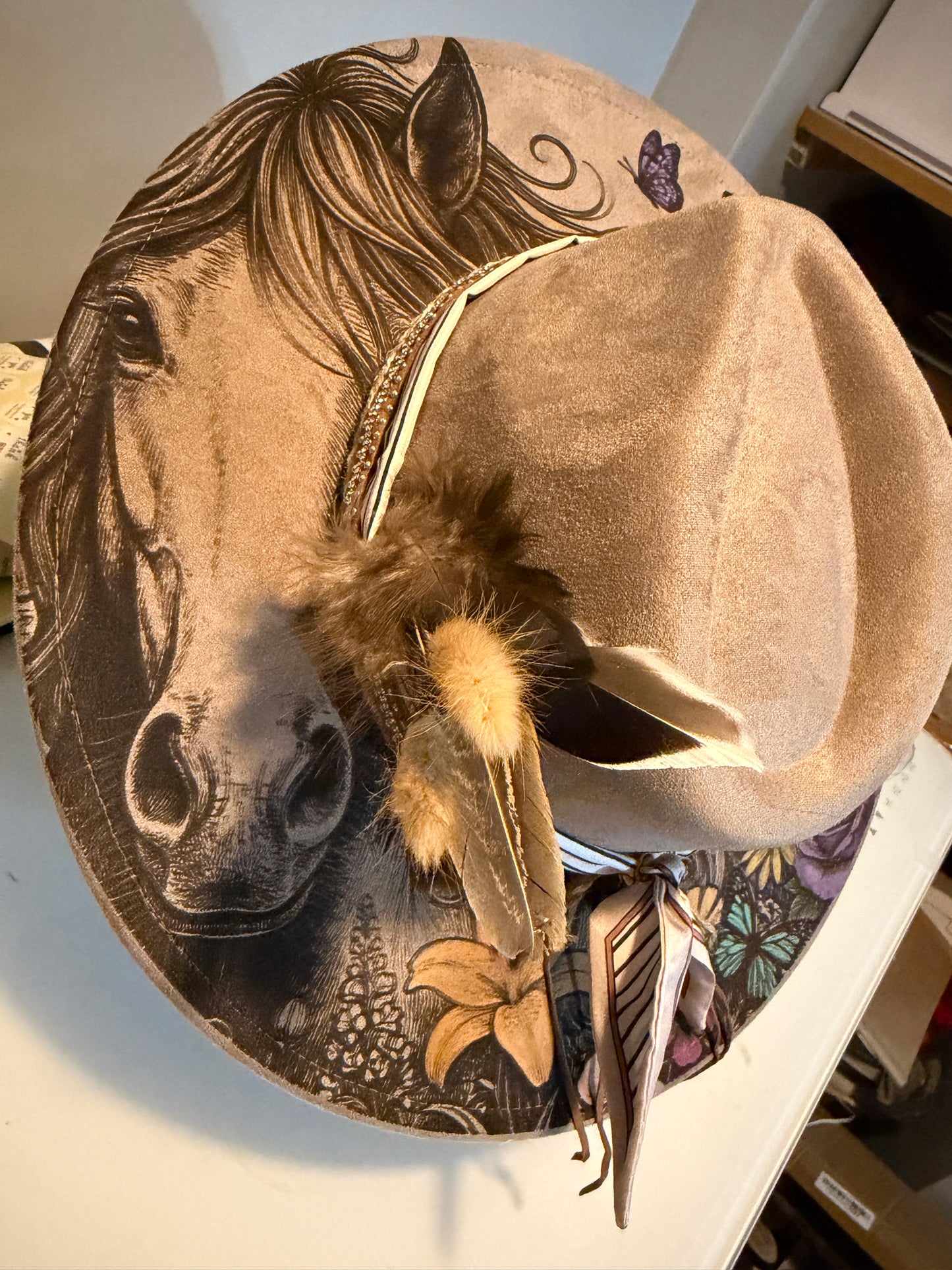 Rustic Muse Wide Brim Hat – Western Boho Horse & Floral Vegan Suede Hat