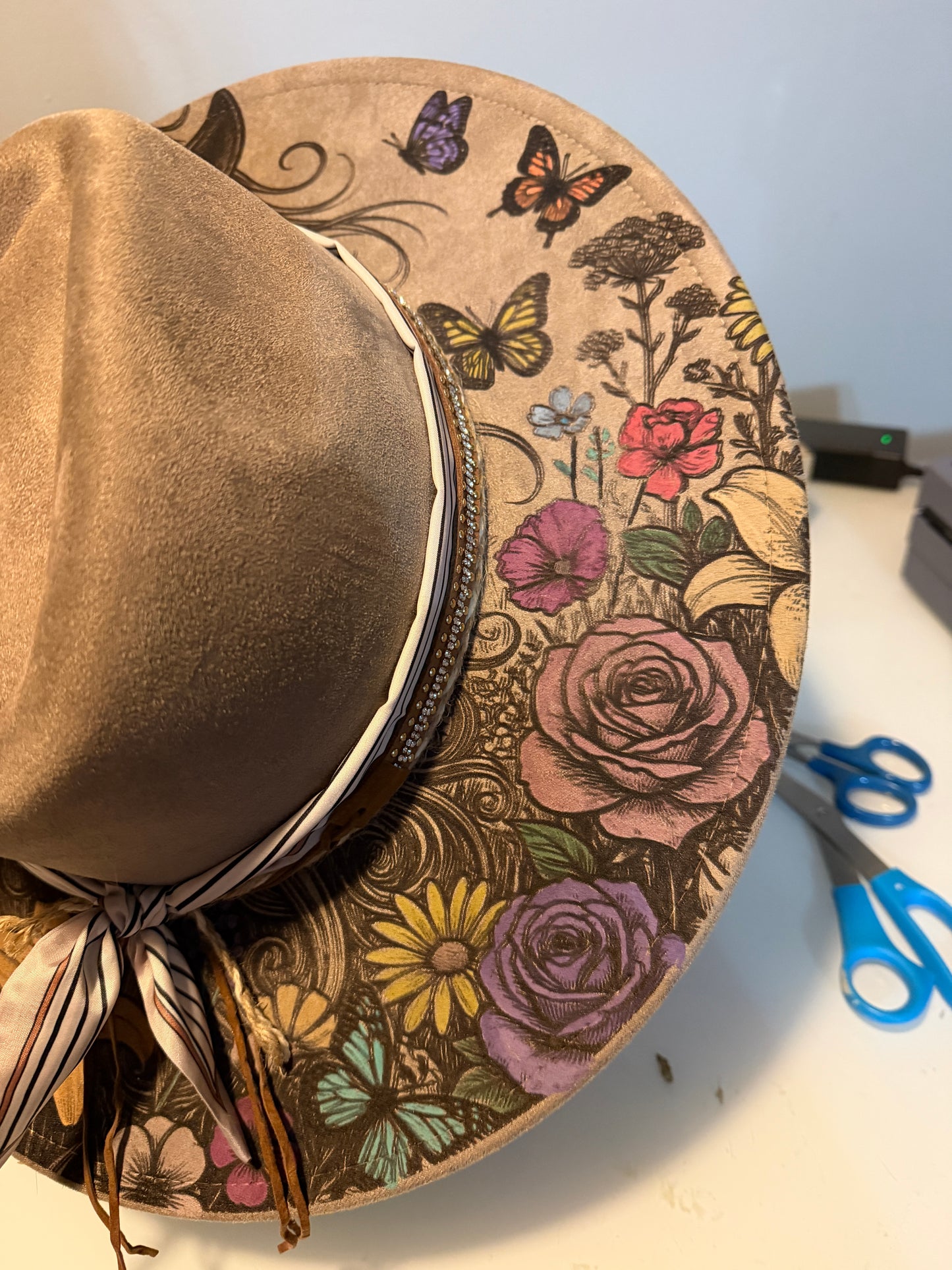Rustic Muse Wide Brim Hat – Western Boho Horse & Floral Vegan Suede Hat
