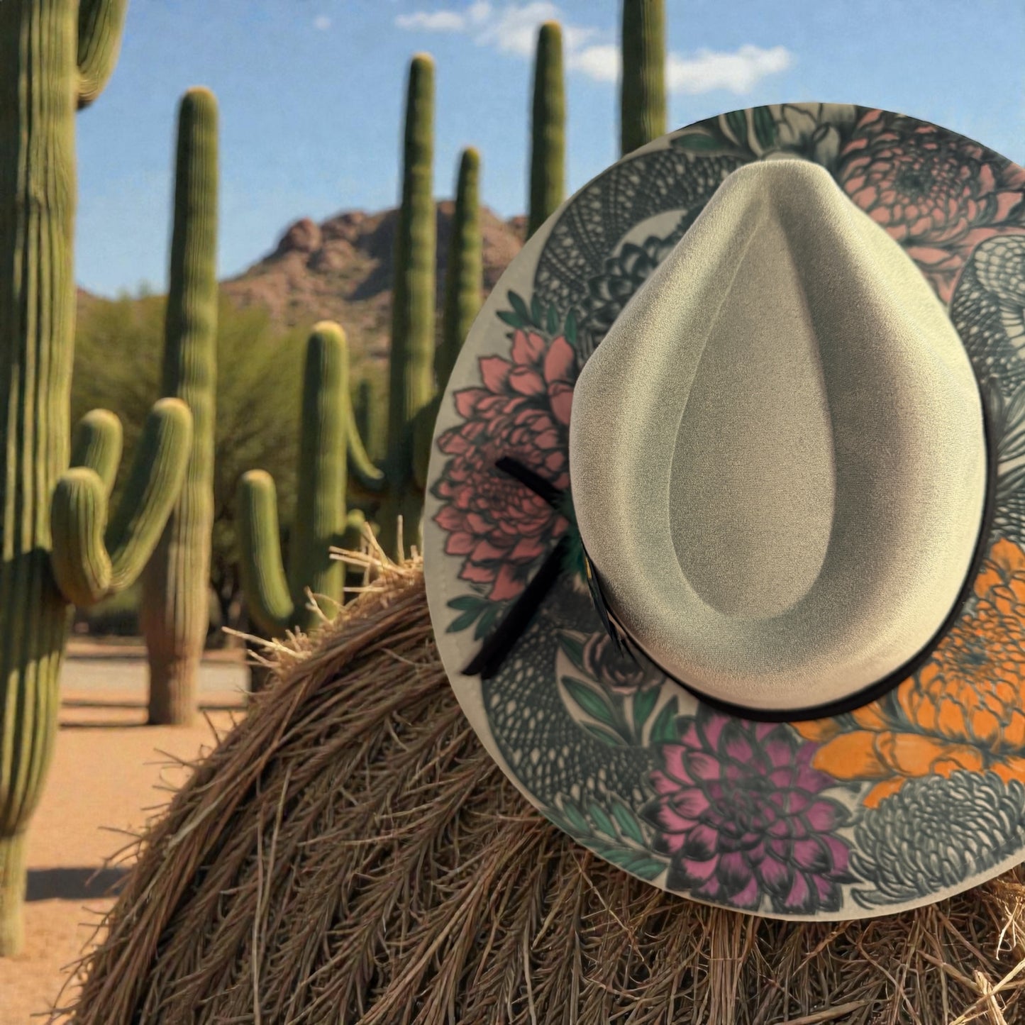 Desert Bloom Wide Brim Hat – Floral & Serpent Art Design