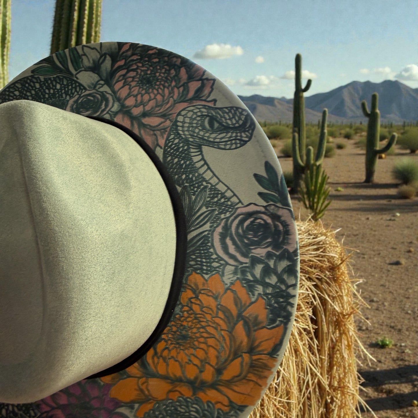Desert Bloom Wide Brim Hat – Floral & Serpent Art Design