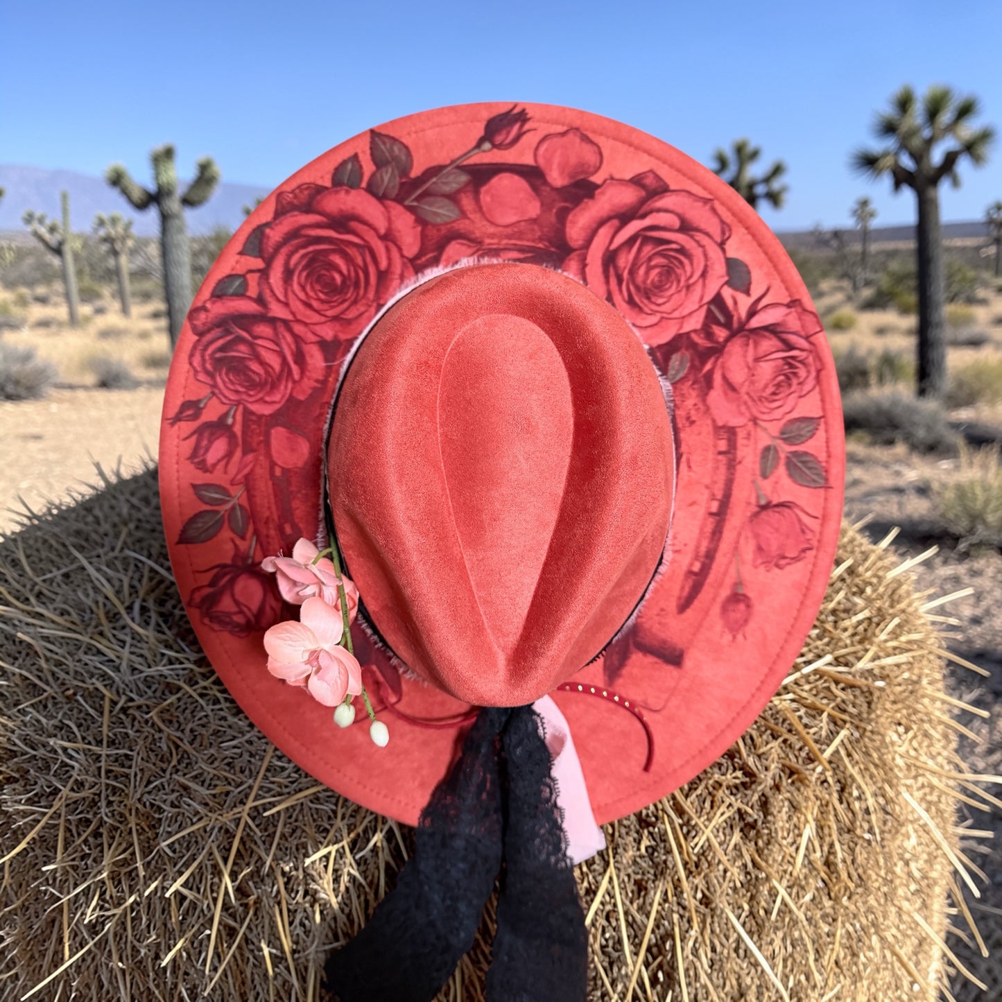 The Crimson Bloom Wide Brim Hat – Vegan Suede Floral Burn Boho Statement Hat