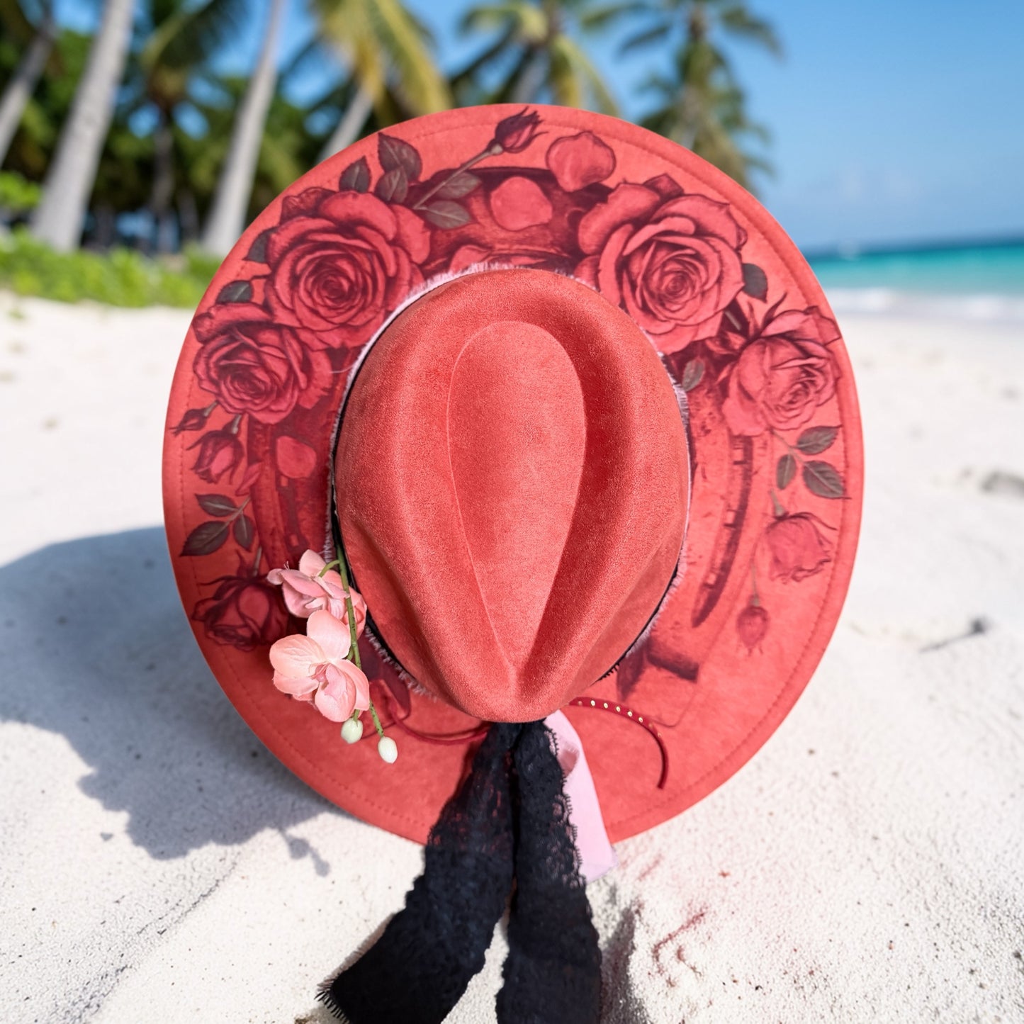 The Crimson Bloom Wide Brim Hat – Vegan Suede Floral Burn Boho Statement Hat