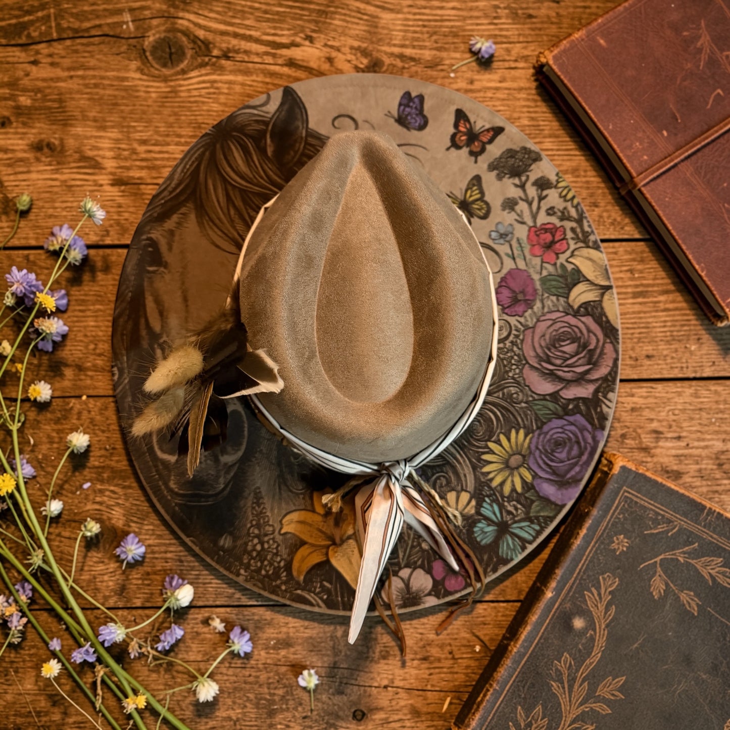 Rustic Muse Wide Brim Hat – Western Boho Horse & Floral Vegan Suede Hat