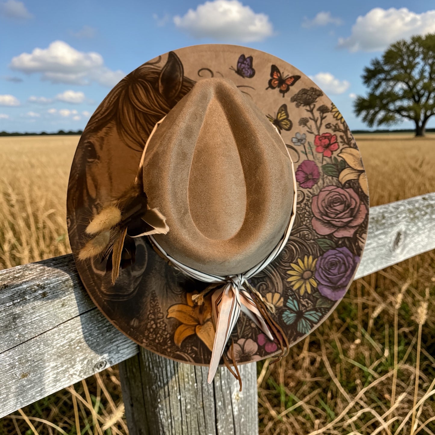 Rustic Muse Wide Brim Hat – Western Boho Horse & Floral Vegan Suede Hat