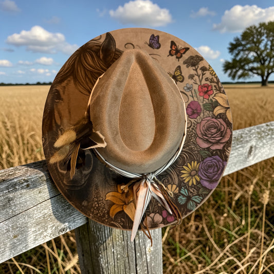 Rustic Muse Wide Brim Hat – Western Boho Horse & Floral Vegan Suede Hat