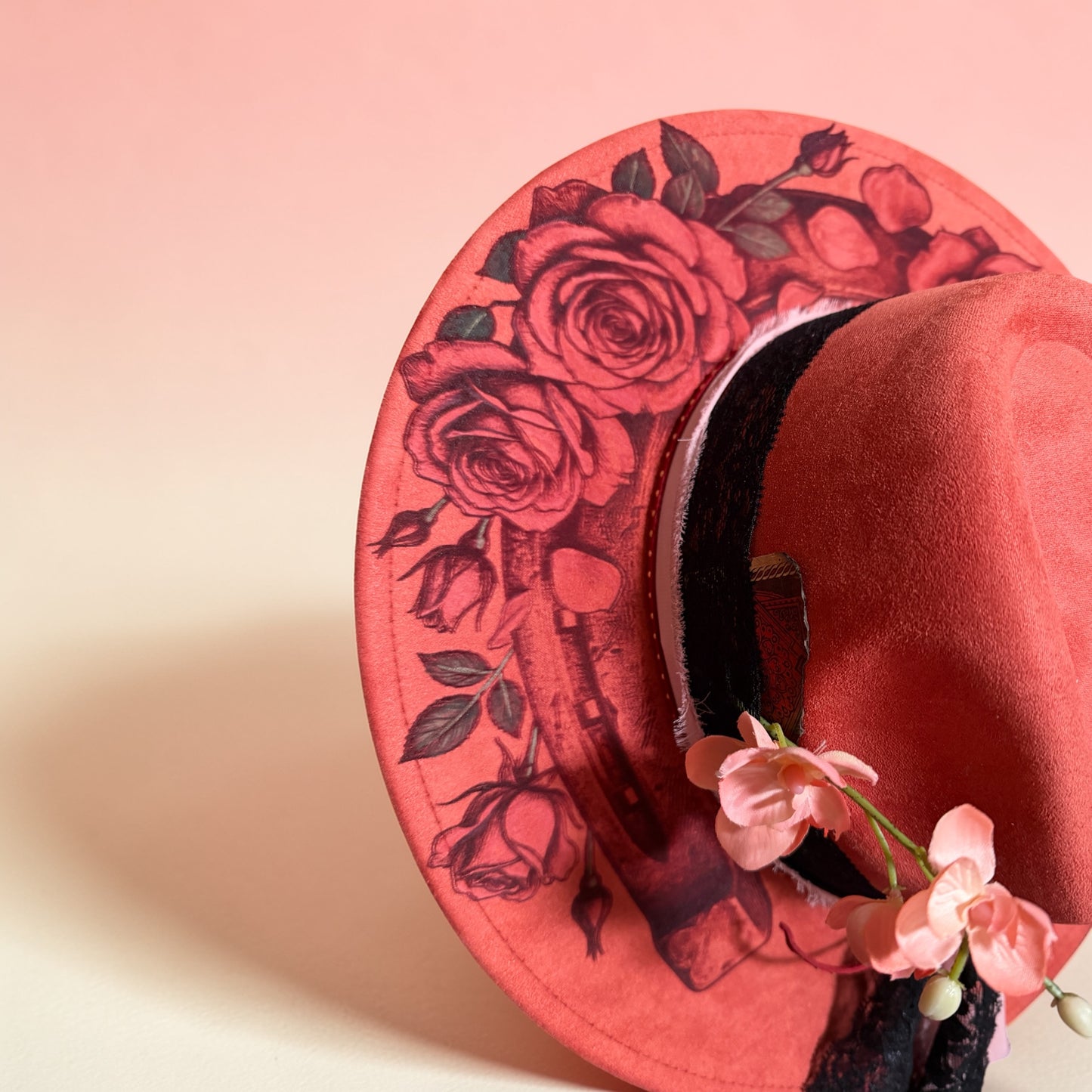 The Crimson Bloom Wide Brim Hat – Vegan Suede Floral Burn Boho Statement Hat