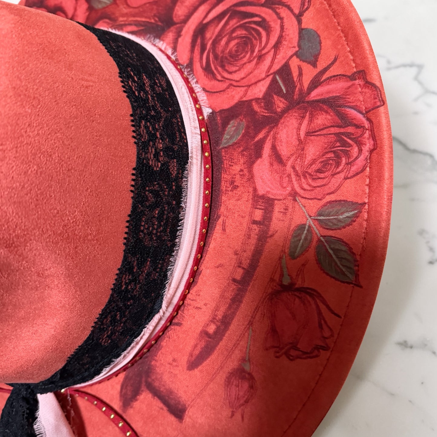 The Crimson Bloom Wide Brim Hat – Vegan Suede Floral Burn Boho Statement Hat