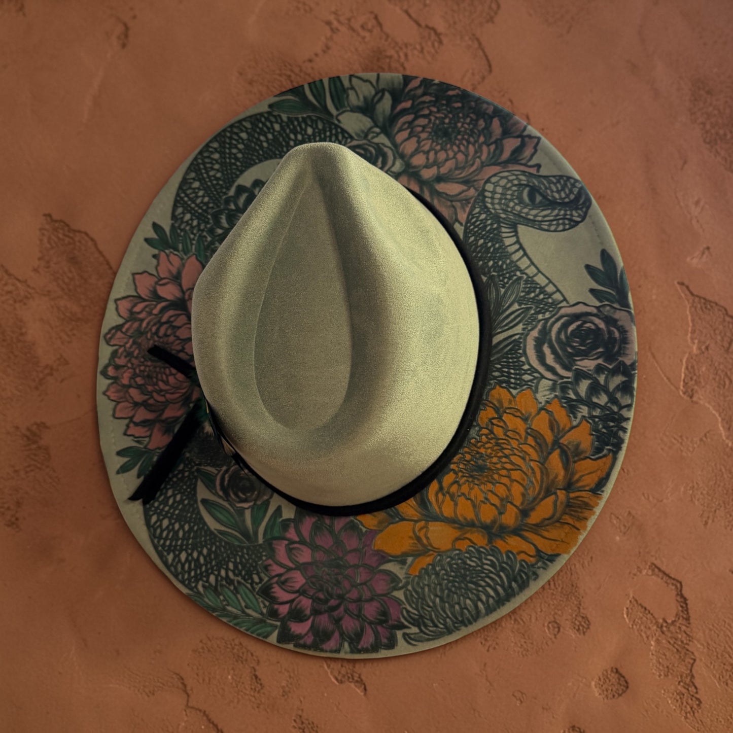 Desert Bloom Wide Brim Hat – Floral & Serpent Art Design