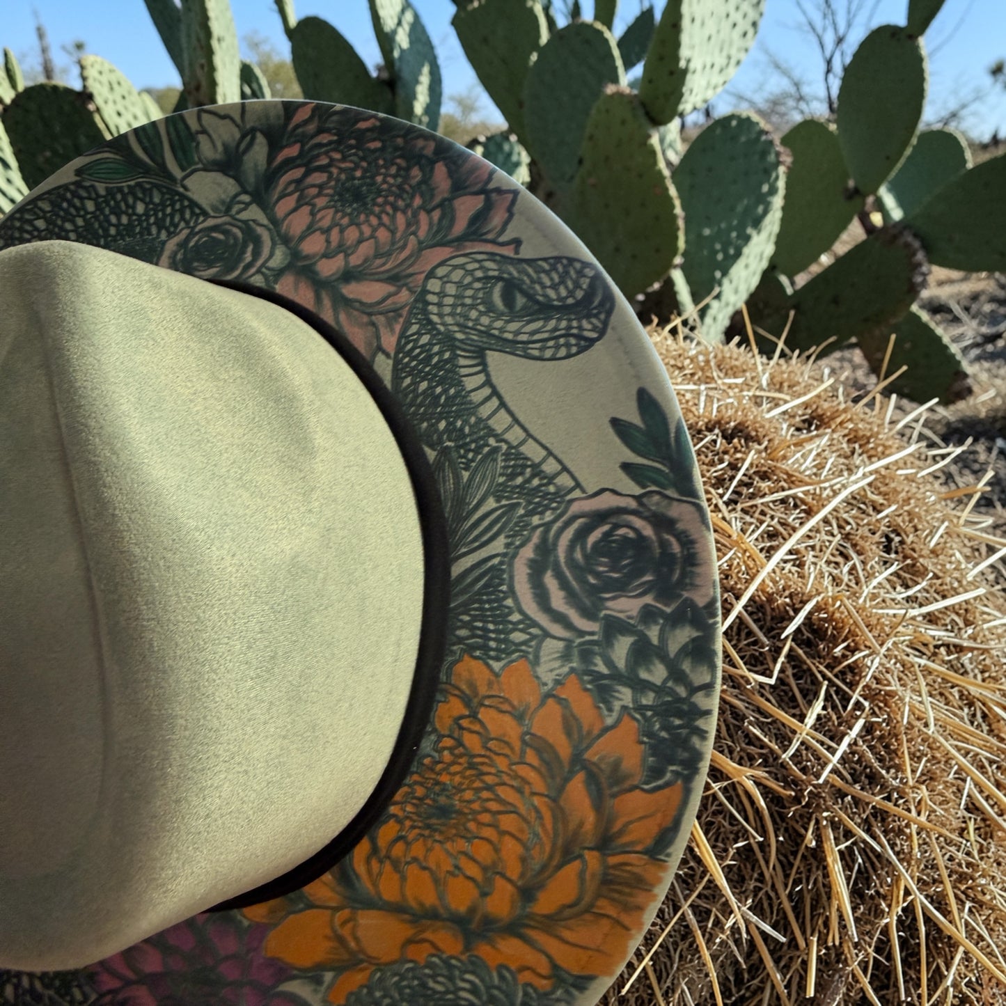 Desert Bloom Wide Brim Hat – Floral & Serpent Art Design