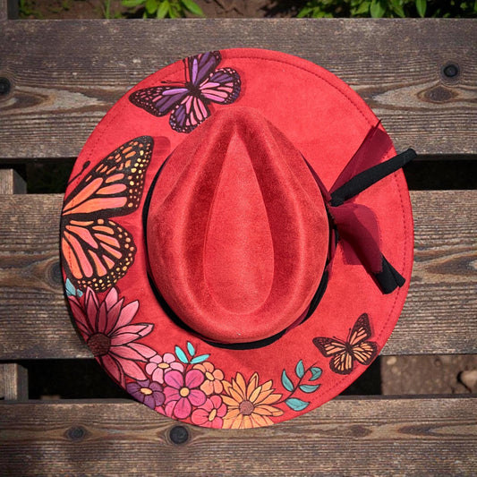 Red vegan suede wide brim hat with butterfly and floral engraved design by G's Laser Creations