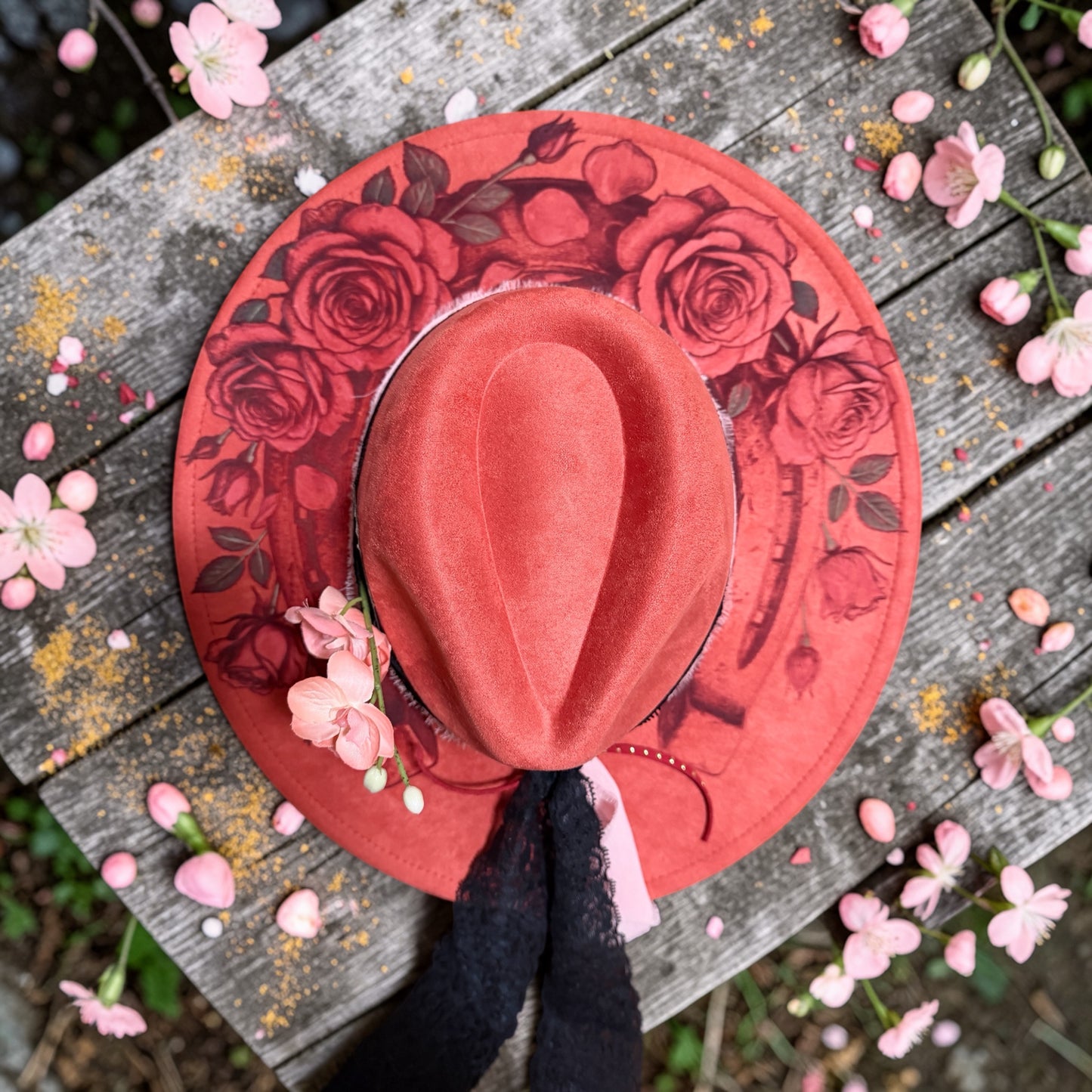 Crimson Bloom red vegan suede wide brim hat with laser engraved rose floral design by G's Laser Creations