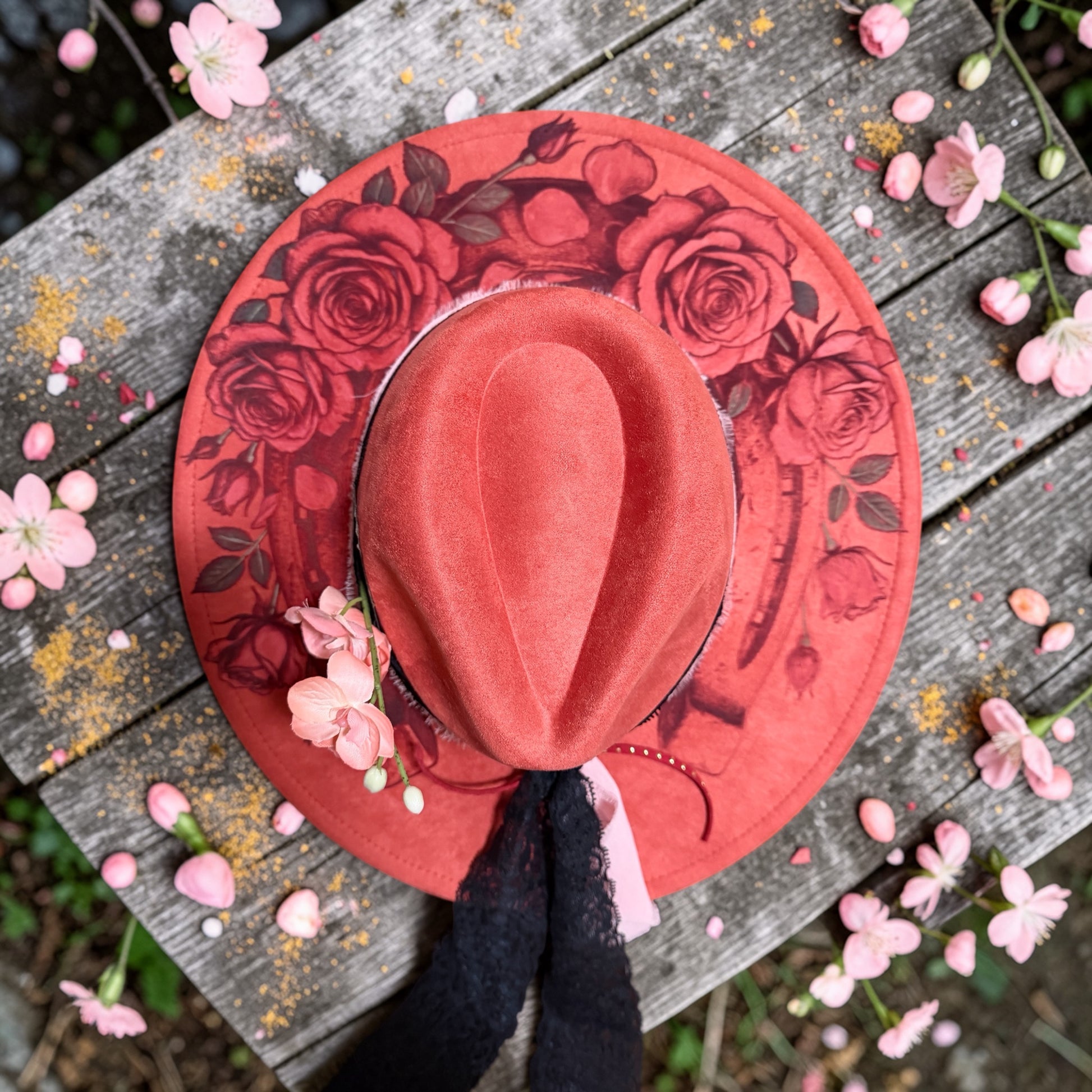 Crimson Bloom red vegan suede wide brim hat with laser engraved rose floral design by G's Laser Creations