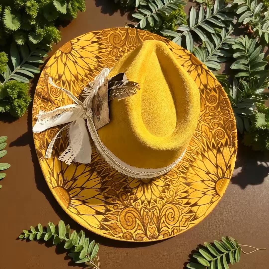 Golden sunflower vegan suede wide brim hat with laser engraved sunflower and filigree design by G's Laser Creations