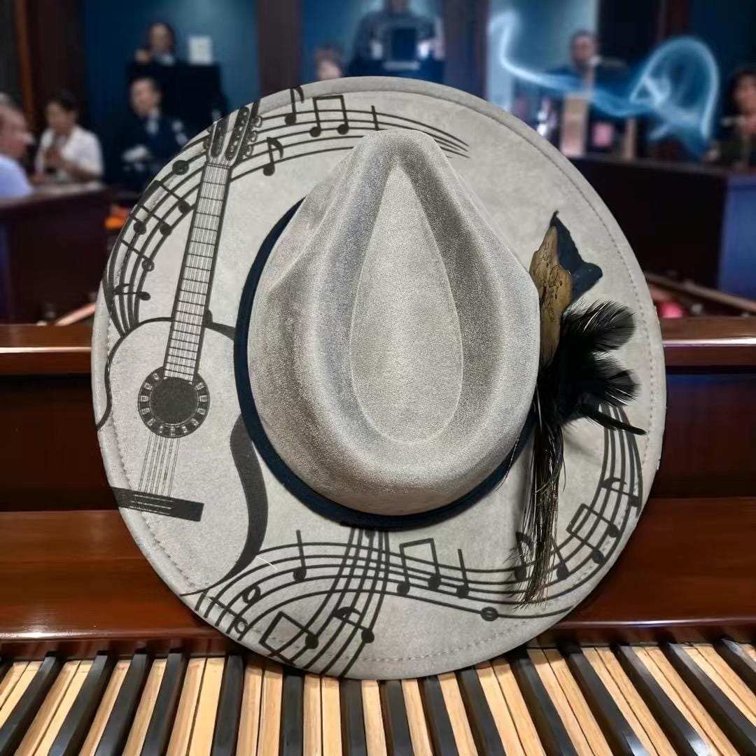 Vegan suede wide brim hat with laser engraved guitar and musical notes design by G's Laser Creations