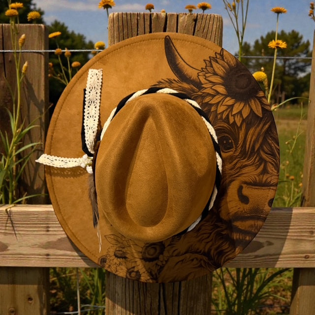 Boho wide brim vegan suede hat with laser engraved highland cow and sunflower design.