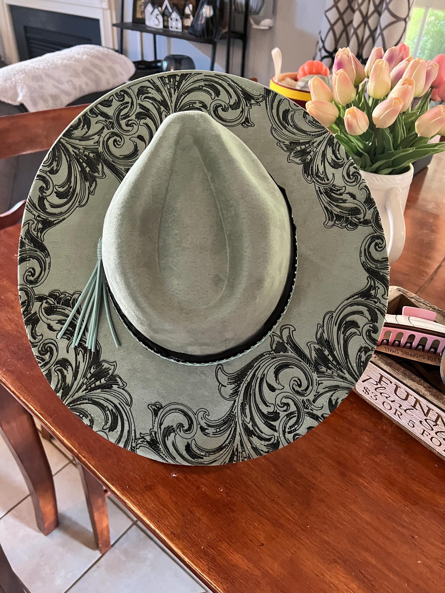Western Filagree Vegan Suede Adjustable Wide Brim Hat