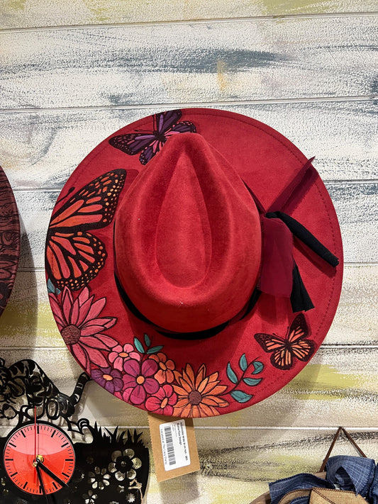 Butterfly Design Vegan Suede Adjustable Wide Brim Hat