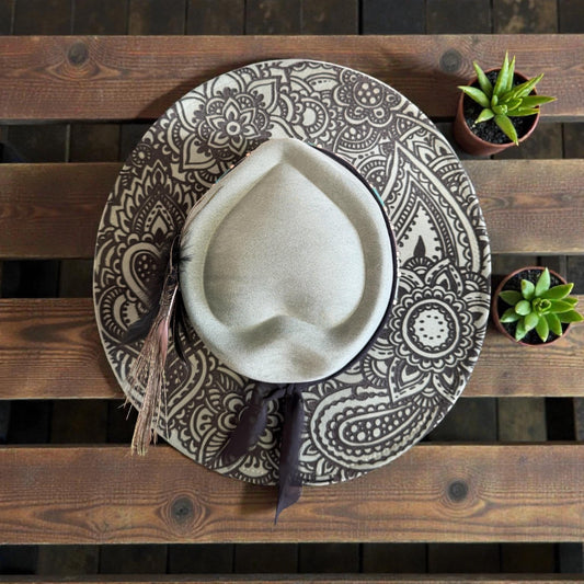 Mandala Laser Engraved Wide Brim Hat – Adjustable Vegan Suede Boho Hat with Feather & Ribbon Accents