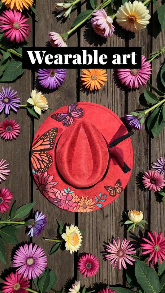 Butterfly Design Vegan Suede Adjustable Wide Brim Hat