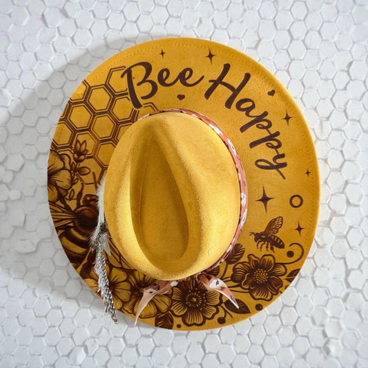 Bee Happy - Laser Engraved Wide Brim Hat – Adjustable Vegan Suede Hat with Honeycomb & Floral Design