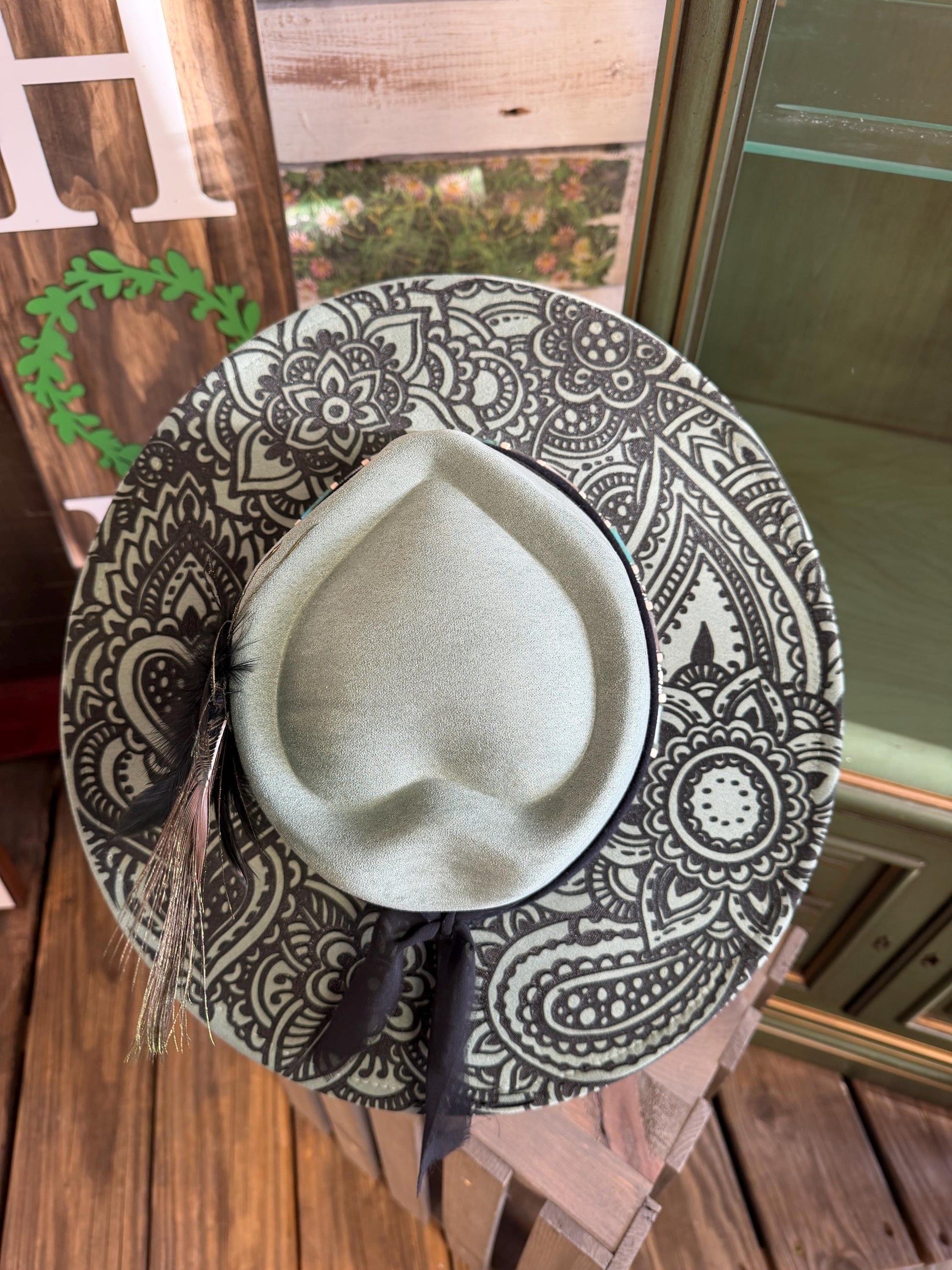 Mandala Laser Engraved Wide Brim Hat – Adjustable Vegan Suede Boho Hat with Feather & Ribbon Accents