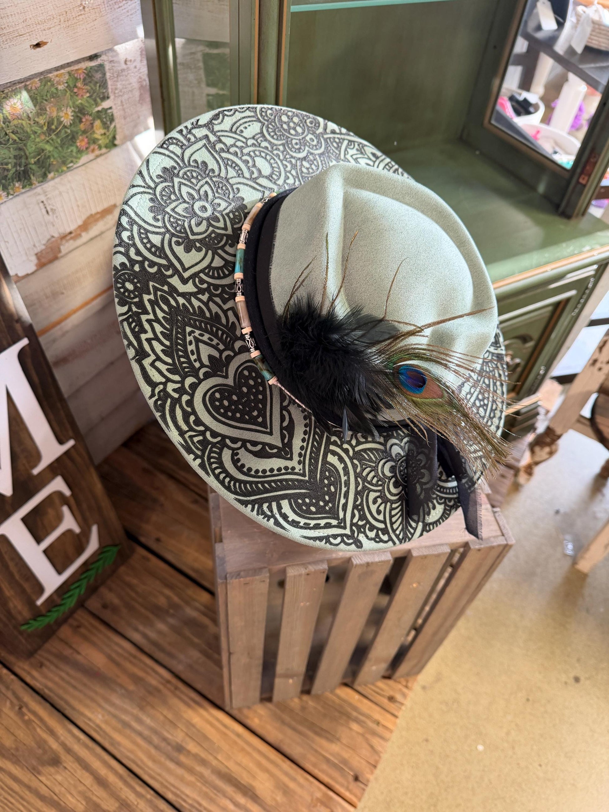 Mandala Laser Engraved Wide Brim Hat – Adjustable Vegan Suede Boho Hat with Feather & Ribbon Accents