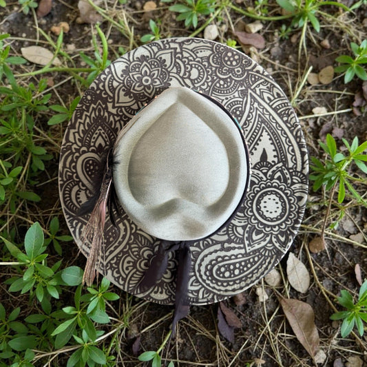Boho Mandala engraved vegan suede wide brim hat by G's Laser Creations