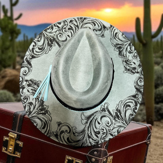 Western Filagree Vegan Suede Adjustable Wide Brim Hat with laser engraved western scroll design by G's Laser Creations