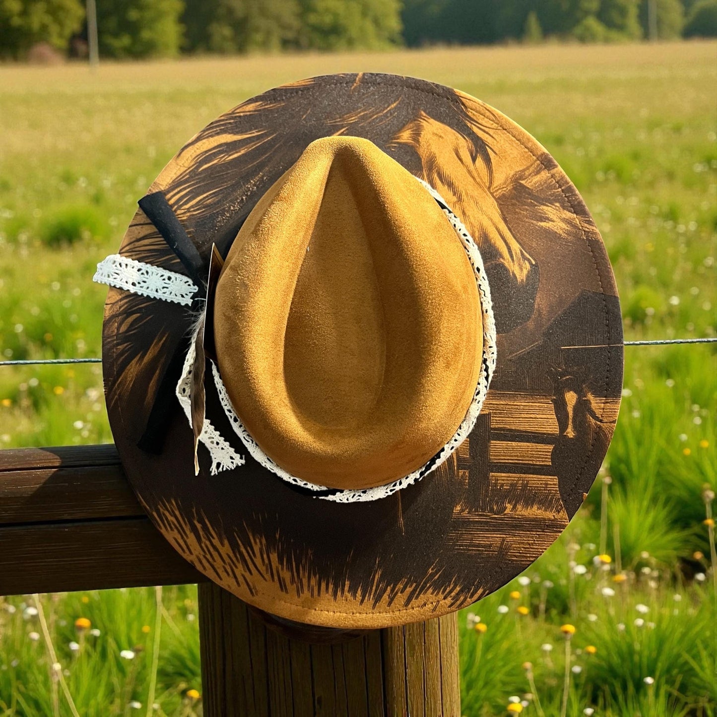 Wide brim vegan suede hat with laser engraved western horse and ranch scene design and rustic lace hat band